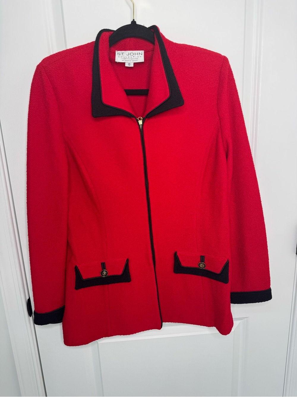 St. John Red black trim front zip jacket 10